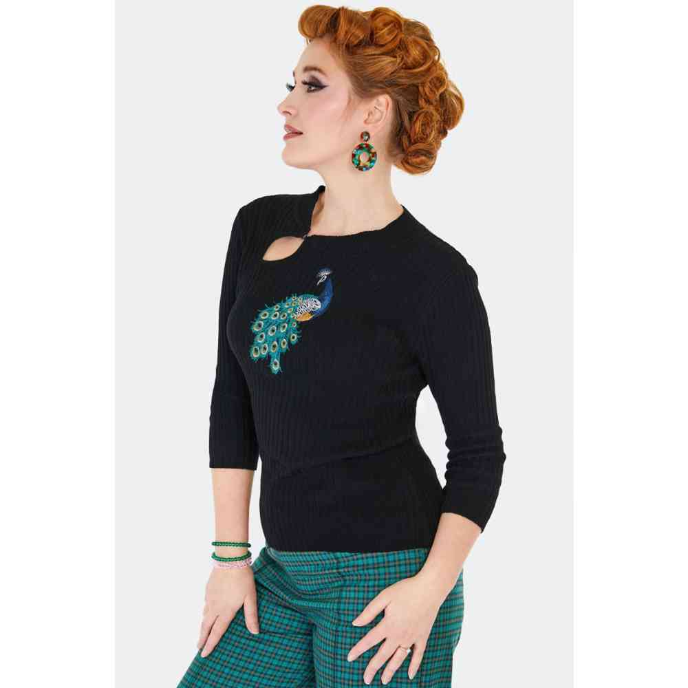 Voodoo Vixen - Peacock Embroidered Keyhole Sweatshirt - Schwarz